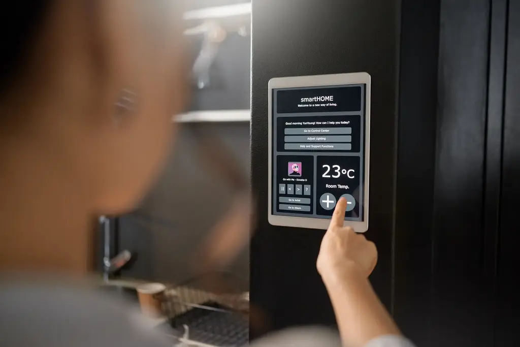 smart-home-iot-wall-system-and-woman-with-digital
